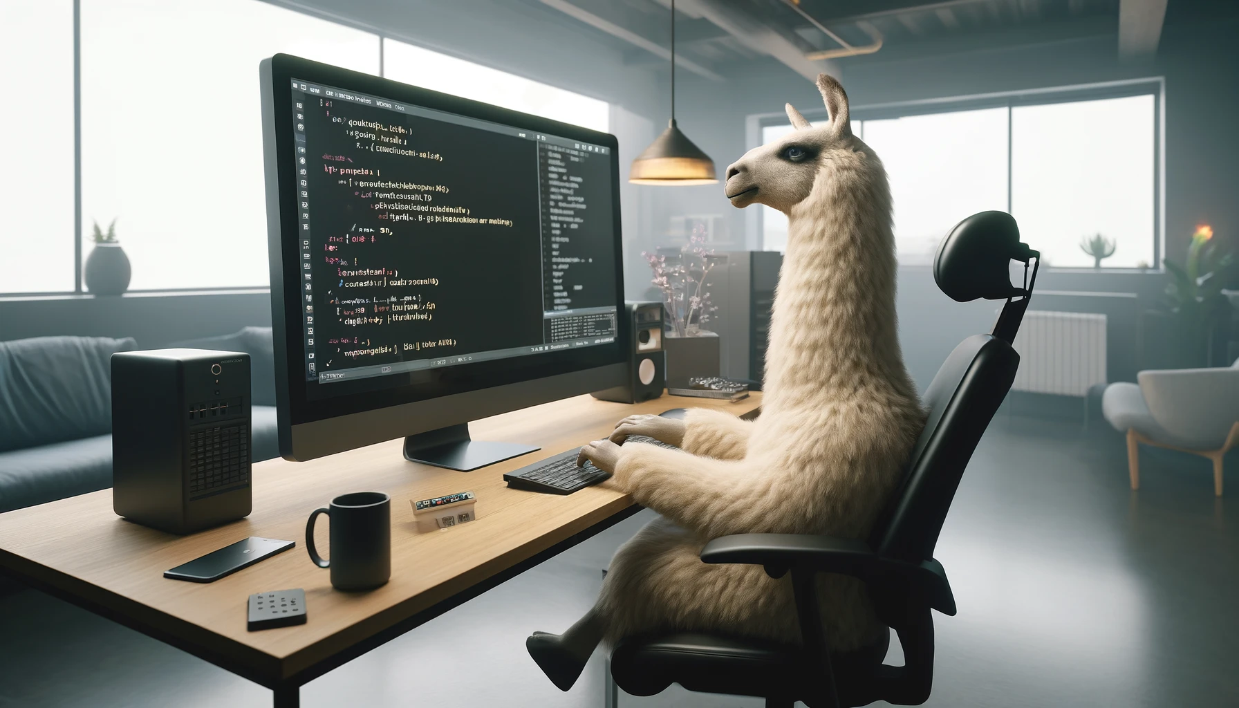 A llama using a computer to run large language models locally!